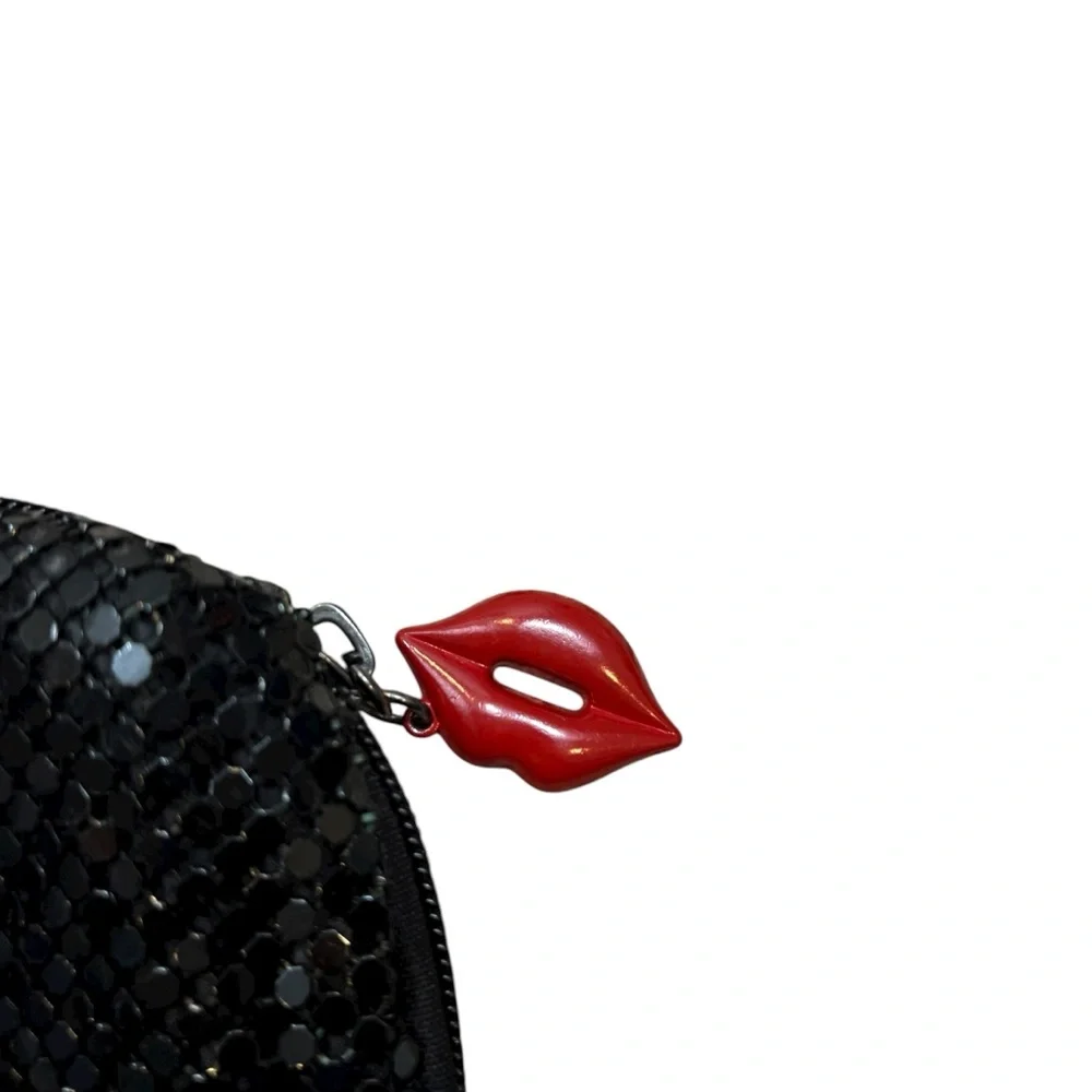 Signature‎ Club A Brand Black Metal Mesh Cosmetic bag with Red Lip Zipper Pull